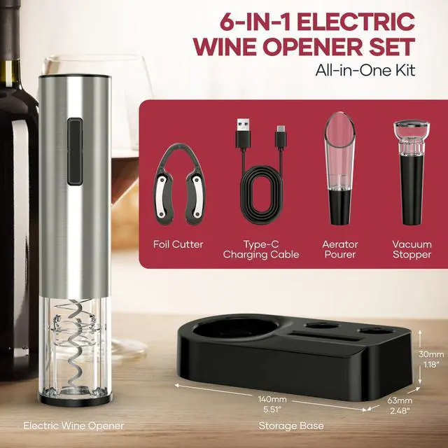 Alt view image 5 of 7 - Electric Wine Opener,Rechargeable Automatic Wine Opener Corkscrew Opener Set With Wine Stopper, Foil Cutter, Wine Aerator,Storage Base & USB-C Cable Christmas Gifts for Wine Lovers