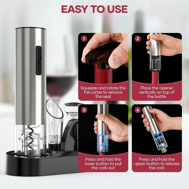 Alt view image 6 of 7 - Electric Wine Opener,Rechargeable Automatic Wine Opener Corkscrew Opener Set With Wine Stopper, Foil Cutter, Wine Aerator,Storage Base & USB-C Cable Christmas Gifts for Wine Lovers