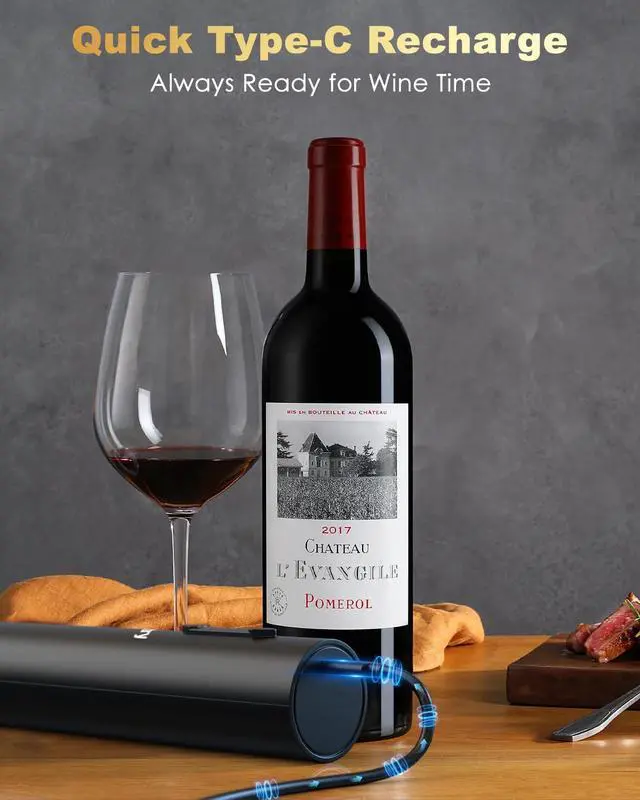 Alt view image 4 of 7 - Electric Wine Opener, Rechargeable Wine Bottle Opener, Electric Corkscrew Wine Opener with Foil Cutter, Wine Pourer&Vacuum Stoppers, USB-C Charge Cable, Ideal Gift for House Warming Wedding Party