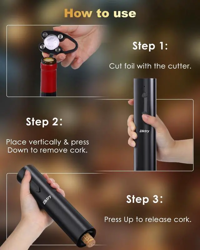 Alt view image 6 of 7 - Electric Wine Opener, Rechargeable Wine Bottle Opener, Electric Corkscrew Wine Opener with Foil Cutter, Wine Pourer&Vacuum Stoppers, USB-C Charge Cable, Ideal Gift for House Warming Wedding Party