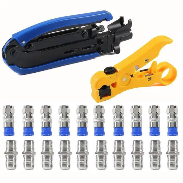 Main image of Coaxial Compression Tool Coax Cable Crimper Kit with 10pcs F Male And 10pcs Female to Female RG6 Connectors for RG7/11 and RG59/6/6Q