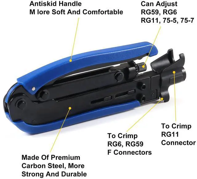 Alt view image 2 of 6 - Coaxial Compression Tool Coax Cable Crimper Kit with 10pcs F Male And 10pcs Female to Female RG6 Connectors for RG7/11 and RG59/6/6Q