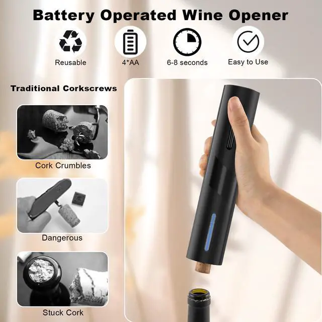 Alt view image 4 of 6 - Electric Wine Opener, Battery Operated Wine Bottle Openers with Foil Cutter, One-click Button Corkscrew Remover for Home Kitchen Party Wedding