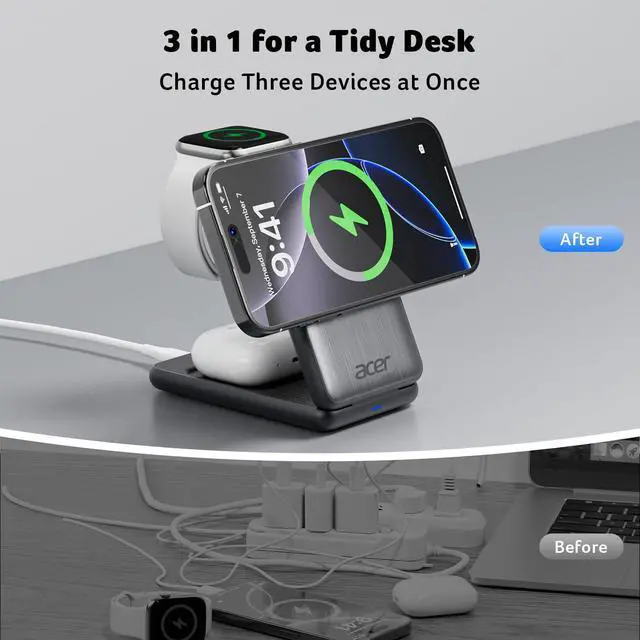 Alt view image 4 of 7 - 3 in 1 Charging Station for iPhone, Wireless Charger Stand,15W Fast MagSafe Charger for iPhone 17 16 15 14 13 12 Series-Apple Watch 11 10 9 8 7 6 5 4 3 2 SE and Ultra Series-Airpods 4 3 2 Pro