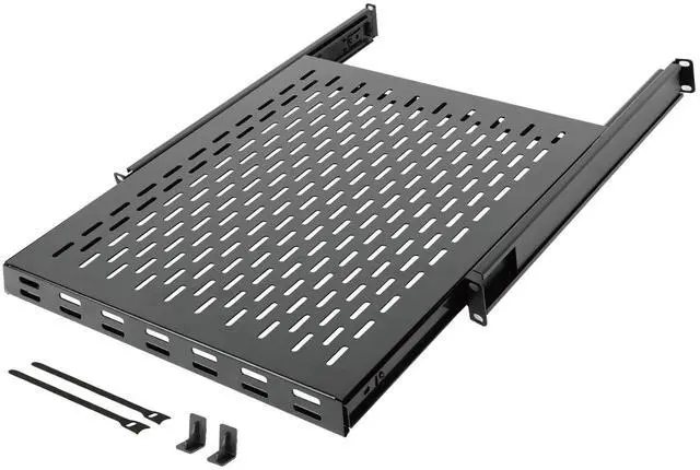 Main image of Sliding Rack Shelf,4-Post Vented Rack Mount Shelf,21.7in Deep with Adjustable Mounting Depth 21.7-35.4in,Supports to 110lbs,for 19 Inch AV/Network Equipment Rack,Unassembled,Black