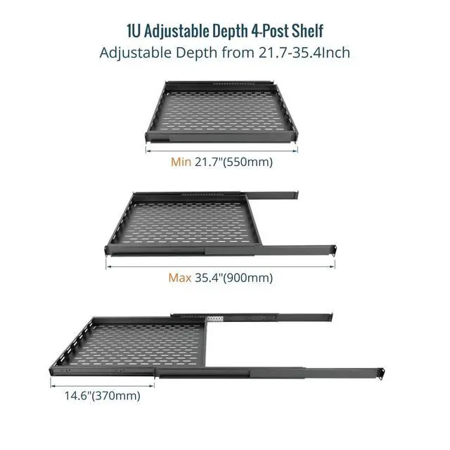 Alt view image 3 of 6 - Sliding Rack Shelf,4-Post Vented Rack Mount Shelf,21.7in Deep with Adjustable Mounting Depth 21.7-35.4in,Supports to 110lbs,for 19 Inch AV/Network Equipment Rack,Unassembled,Black