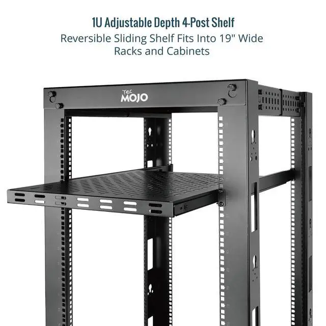 Alt view image 4 of 6 - Sliding Rack Shelf,4-Post Vented Rack Mount Shelf,21.7in Deep with Adjustable Mounting Depth 21.7-35.4in,Supports to 110lbs,for 19 Inch AV/Network Equipment Rack,Unassembled,Black