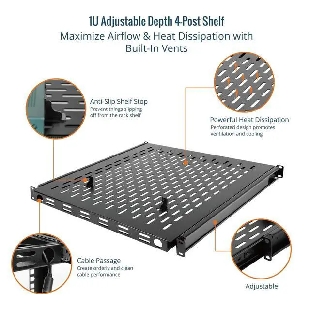 Alt view image 5 of 6 - Sliding Rack Shelf,4-Post Vented Rack Mount Shelf,21.7in Deep with Adjustable Mounting Depth 21.7-35.4in,Supports to 110lbs,for 19 Inch AV/Network Equipment Rack,Unassembled,Black