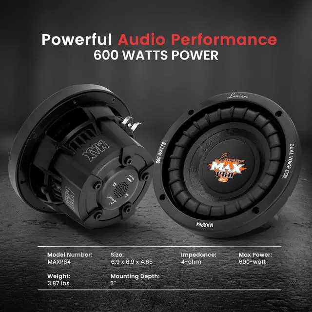 Alt view image 3 of 7 - Lanzar 6.5 Car Subwoofer Speaker - Black Non-Pressed Paper Cone, Aluminum Voice Coil, 4 Ohm Impedance, 600 Watt Power and Foam Edge Suspension for Vehicle Audio Stereo Sound System - MAXP64