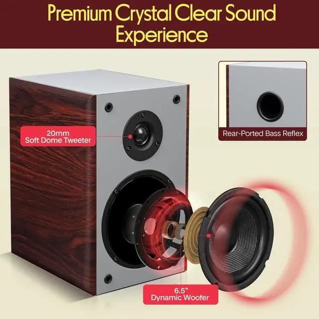 Alt view image 2 of 7 - Home Audio Speakers, 2-Way Passive Bookshelf, 240W Max Power, 1" Silk Dome Tweeter, Composite Woofer, Gold Plated 5 Way Binding Post, Rubber Surrounds, Beautiful Wood Grain Finish - Pair
