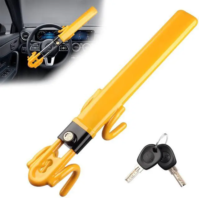 Main image of Steering Wheel Lock,Heavy Duty Anti-Theft Car Device with Double Hooks Design for Enhanced Vehicle Protection,Adjustable Length Locking with 2 Keys Universal Fit (Yellow)
