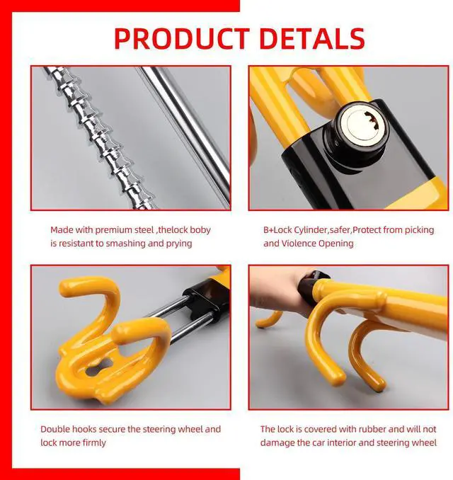 Alt view image 4 of 6 - Steering Wheel Lock,Heavy Duty Anti-Theft Car Device with Double Hooks Design for Enhanced Vehicle Protection,Adjustable Length Locking with 2 Keys Universal Fit (Yellow)