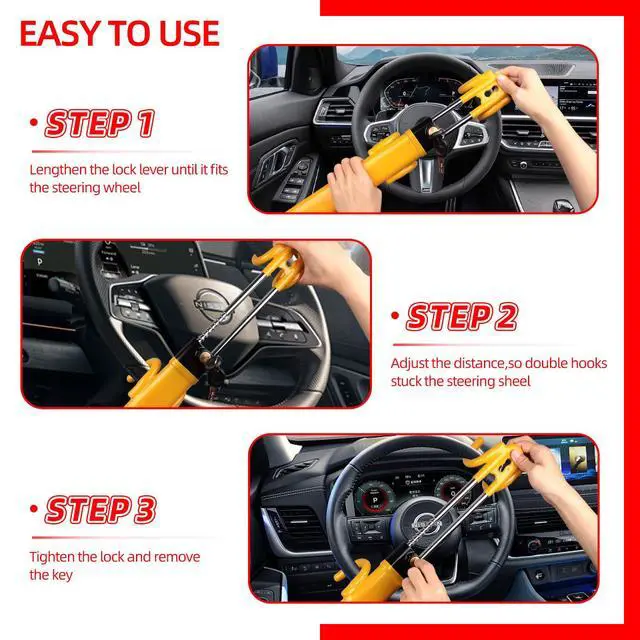 Alt view image 5 of 6 - Steering Wheel Lock,Heavy Duty Anti-Theft Car Device with Double Hooks Design for Enhanced Vehicle Protection,Adjustable Length Locking with 2 Keys Universal Fit (Yellow)