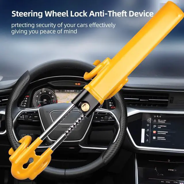 Alt view image 2 of 6 - Steering Wheel Lock,Heavy Duty Anti-Theft Car Device with Double Hooks Design for Enhanced Vehicle Protection,Adjustable Length Locking with 2 Keys Universal Fit (Yellow)