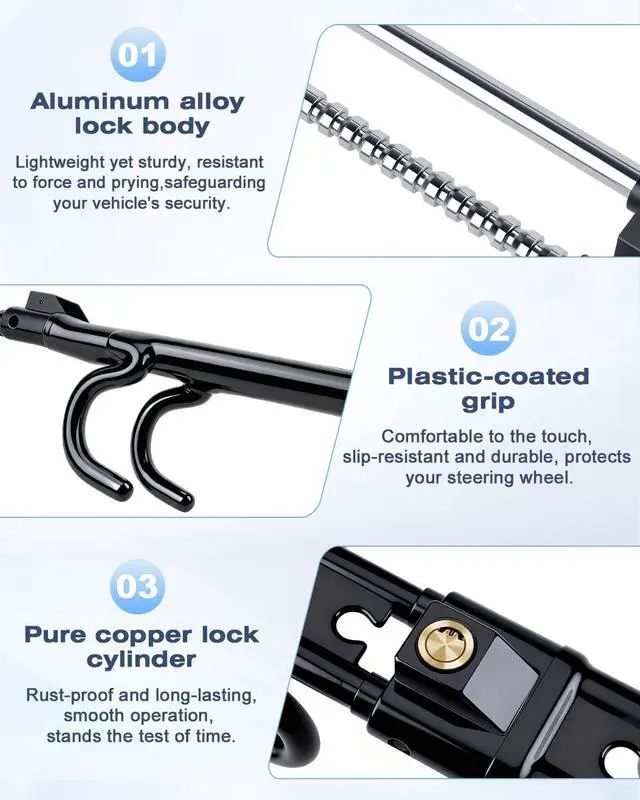 Alt view image 3 of 7 - Car Steering Wheel Lock with 113dB Loud Alarm, 2 Keys + Wireless Remote Anti-Theft, Universal Fit for Cars, SUVs, Trucks, Anti-Pry Anti-Saw Vehicle Security Device