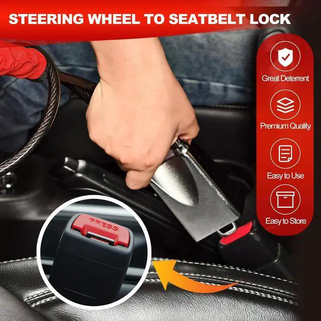 Alt view image 5 of 7 - Car Steering Wheel Lock, Seat Belt Lock, Car Locks Anti-Theft Device with Aluminum Alloy Lock Housing, Max 17 Inch Length, High Visibility and Light-Weight, Universal Fit, 3Keys(Red)