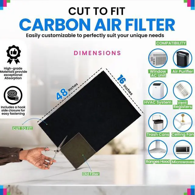 Alt view image 3 of 6 - Cut to Fit Activated Carbon Filter Sheet 16 x 48 - Activated Carbon Air Filter for Air Purifiers Window AC Air Vent And More - Charcoal Filters Remove Odors & Freshens the Air (2-Pack)