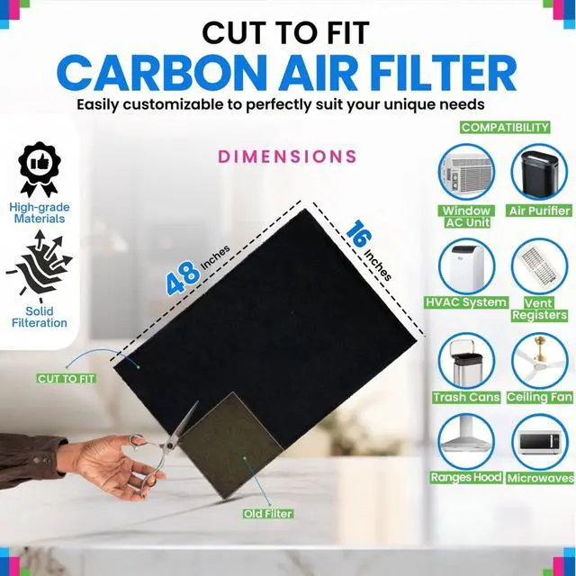 Alt view image 3 of 6 - Cut to Fit Activated Carbon Filter Sheet 16 x 48 - Activated Carbon Air Filter for Air Purifiers Window AC Air Vent And More - Charcoal Filters Effectively Remove Odors & Freshens the Air (1-Pack)