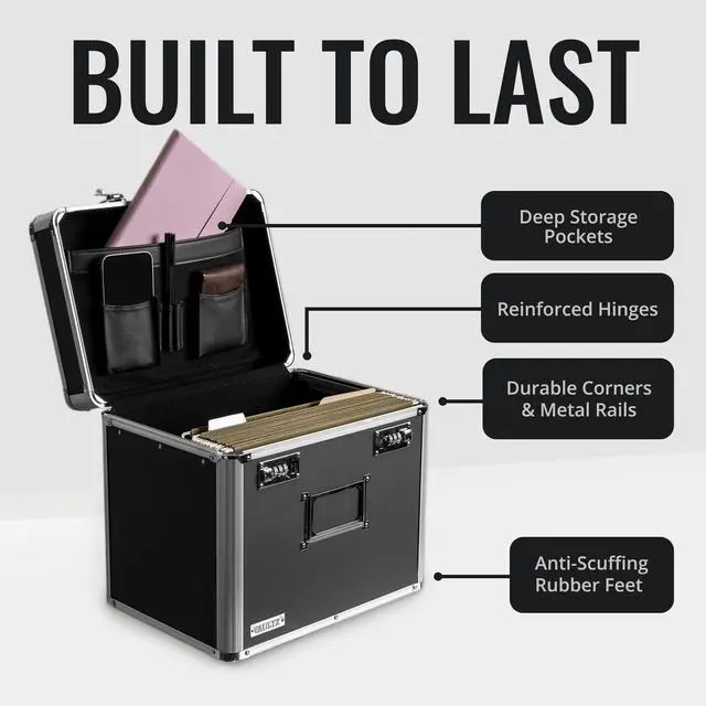 Alt view image 7 of 7 - Locking File Organizer Box - 13.5 x 13.25 x 10.5 Inch Large, Portable Locking Storage Box for Filing Letters & Documents w/Combination Lock, Black