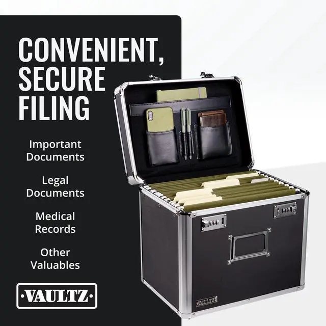 Alt view image 3 of 7 - Locking File Organizer Box - 13.5 x 13.25 x 10.5 Inch Large, Portable Locking Storage Box for Filing Letters & Documents w/Combination Lock, Black