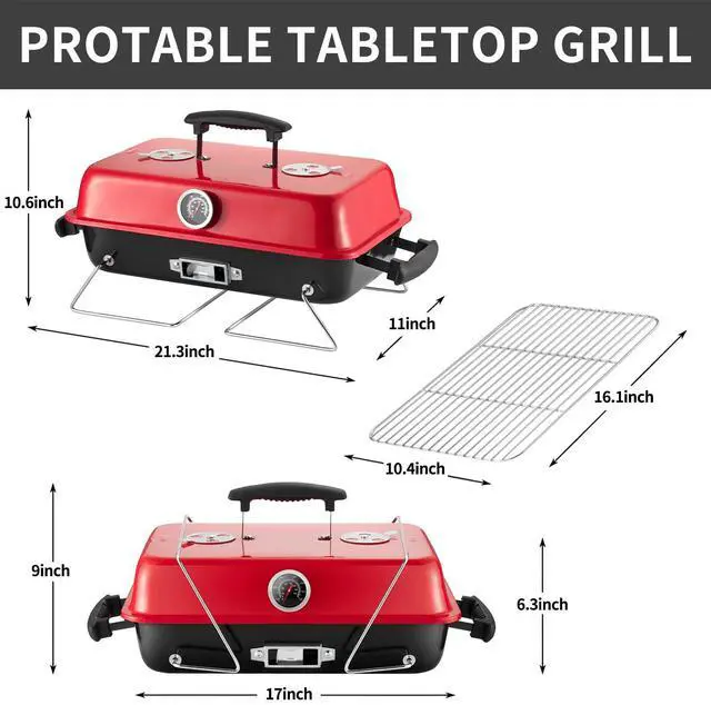 Alt view image 5 of 7 - Portable Charcoal Grill, Tabletop Outdoor Barbecue Smoker, Small BBQ Grill for Outdoor Cooking Backyard Camping Picnics Beach,BLACK
