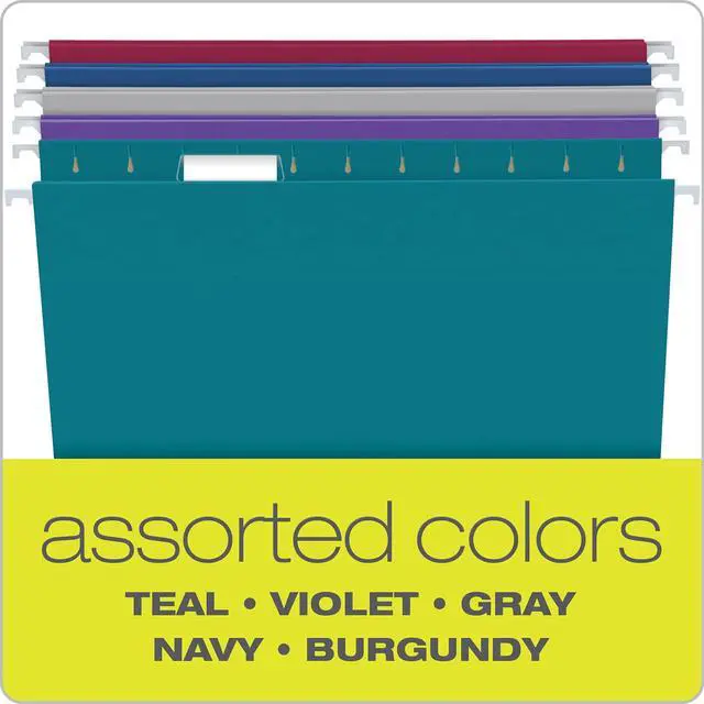 Alt view image 2 of 6 - Recycled Hanging File Folders, Letter Size, Assorted Jewel-Tone Colors, Two-Tone for Foolproof Filing, 1/5-Cut Tabs, 25 Per Box (81667) (Pack of 10)
