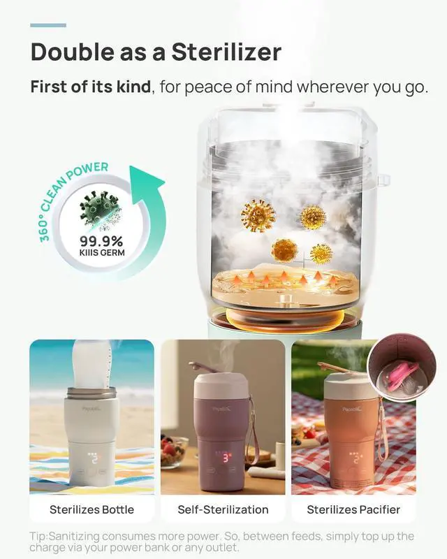 Alt view image 4 of 7 - Portable Bottle Warmer Pro for Travel 115W Fast Heating, Built-in Sterilizer, 5 Temp Settings, Baby Milk Warmer On The Go and Keep Nutrition for Breastmilk & Formula, Mint Green