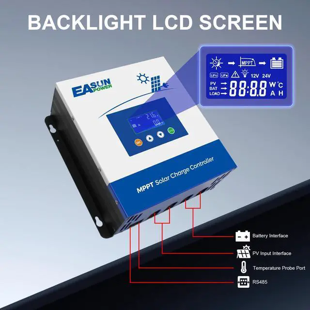 Alt view image 3 of 7 - 60A MPPT Solar Charge Controller,12V/24V/36V/48V Auto,Max Input 150V LCD Display Regulator Intelligent Charge Controller for Sealed Gel AGM Flooded Lithium Battery