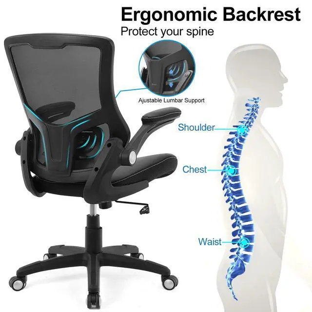 Alt view image 3 of 7 - Office Chair Ergonomic Desk Chair, Computer PU Leather Home Office Chair, Swivel Mesh Back Adjustable Lumbar Support Flip-up Arms Executive Task Chair