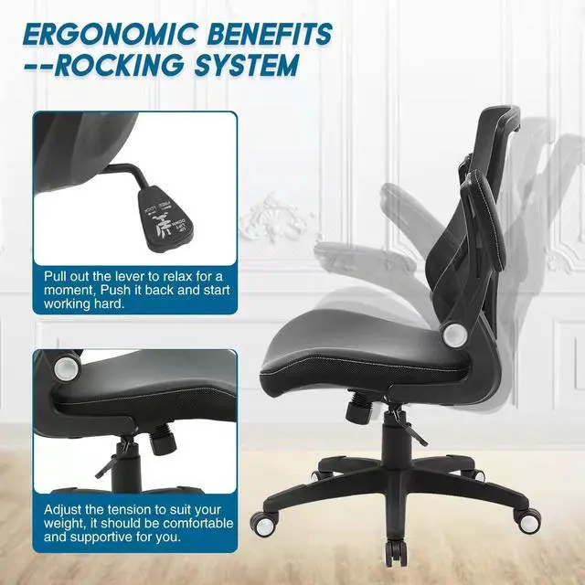 Alt view image 6 of 7 - Office Chair Ergonomic Desk Chair, Computer PU Leather Home Office Chair, Swivel Mesh Back Adjustable Lumbar Support Flip-up Arms Executive Task Chair