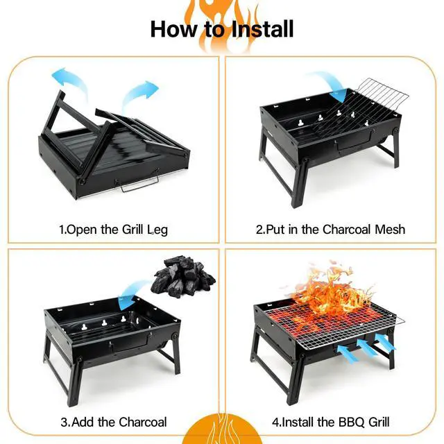 Alt view image 3 of 7 - BBQ Barbecue Grill, Portable Folding Charcoal Barbecue Desk Tabletop Outdoor Stainless Steel Smoker BBQ for Picnic Garden Terrace Camping Travel