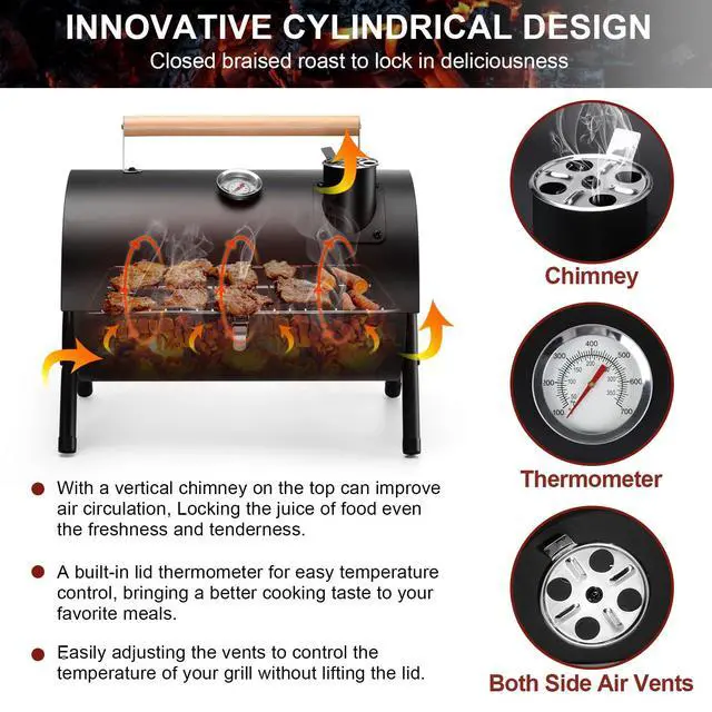 Alt view image 2 of 7 - Portable Charcoal Grill with Thermometer, Small Tabletop Barbecue Grill for Outdoor Camping Backyard Party BBQ Cooking, Extra Thick Steel & Heavy Duty, Innovative Design & Easy Assembly