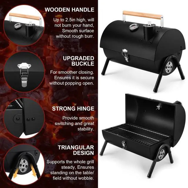 Alt view image 3 of 7 - Portable Charcoal Grill with Thermometer, Small Tabletop Barbecue Grill for Outdoor Camping Backyard Party BBQ Cooking, Extra Thick Steel & Heavy Duty, Innovative Design & Easy Assembly