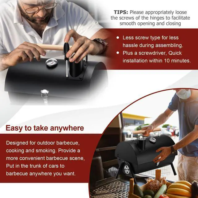 Alt view image 6 of 7 - Portable Charcoal Grill with Thermometer, Small Tabletop Barbecue Grill for Outdoor Camping Backyard Party BBQ Cooking, Extra Thick Steel & Heavy Duty, Innovative Design & Easy Assembly