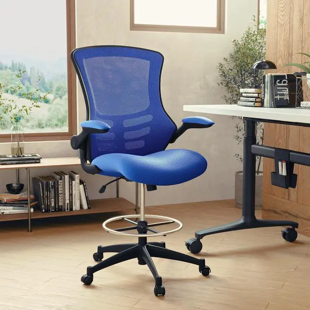 Alt view image 2 of 7 - Kelista Mid-Back Swivel Office Chair with Adjustable Seat Height, Ergonomic Mesh Desk Chair with Flip-Up Armrests, Blue