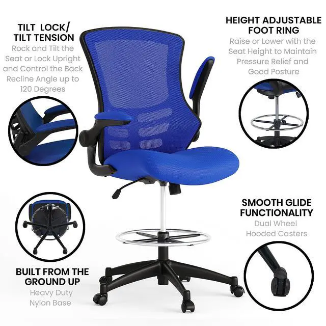 Alt view image 4 of 7 - Kelista Mid-Back Swivel Office Chair with Adjustable Seat Height, Ergonomic Mesh Desk Chair with Flip-Up Armrests, Blue