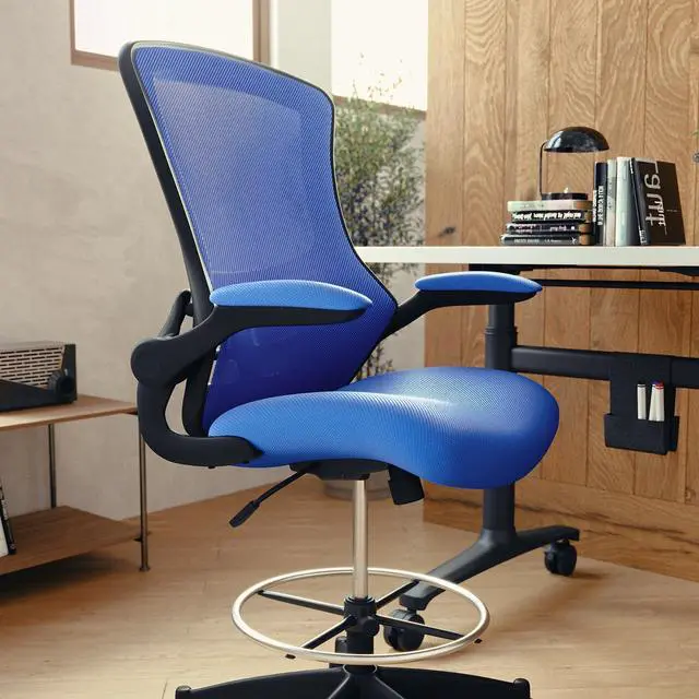 Alt view image 7 of 7 - Kelista Mid-Back Swivel Office Chair with Adjustable Seat Height, Ergonomic Mesh Desk Chair with Flip-Up Armrests, Blue