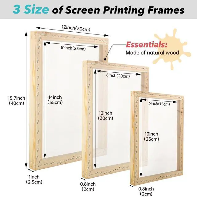 Alt view image 2 of 6 - 49pcs All-in-One Screen Printing Kit with, 3 Size Wood Screen Printing Frames, 6 Colors Screen Printing Ink,10 A4 Size Inkjet Transparency Films