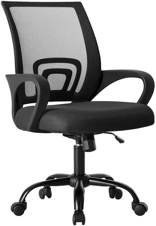 Main image of Office Desk Chair - Ergonomic Mid Back with Lumbar Support & Rocking Mode, Height Adjustable with Fixed Armrest, Storage Back for Computer, Gaming, Conference, Meeting, 360° Swivel, Black