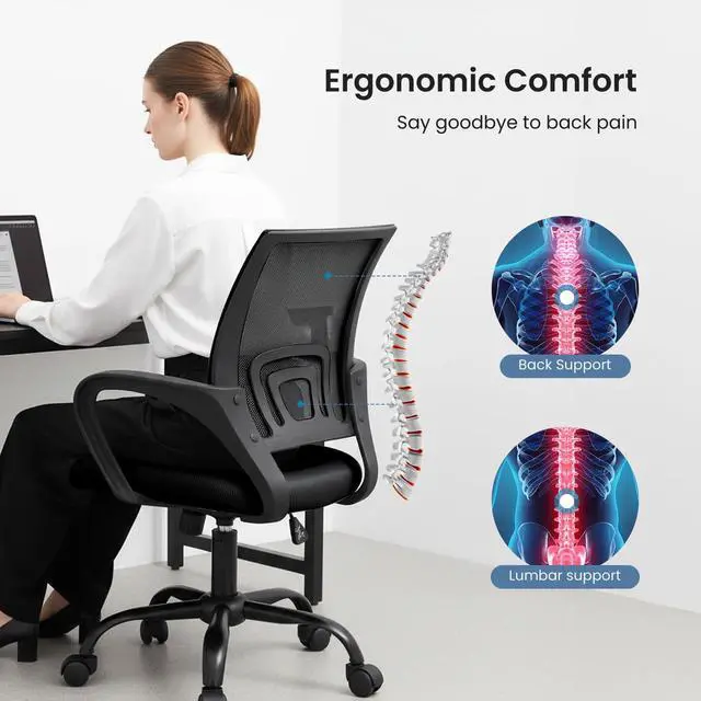 Alt view image 4 of 4 - Office Desk Chair - Ergonomic Mid Back with Lumbar Support & Rocking Mode, Height Adjustable with Fixed Armrest, Storage Back for Computer, Gaming, Conference, Meeting, 360° Swivel, Black