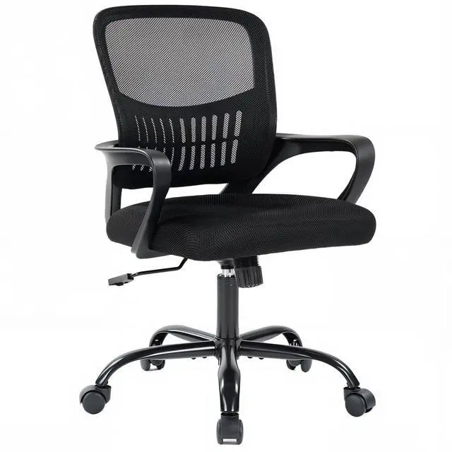 Main image of Home Office Computer Chair - Ergonomic Mid Back Desk with Lumbar Support and Rocking Mode, Height Adjustable with Fixed Armrest, for Conference Meeting Room, 360° Swivel, Adults, Black