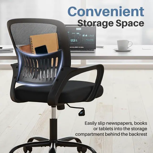 Alt view image 2 of 6 - Home Office Computer Chair - Ergonomic Mid Back Desk with Lumbar Support and Rocking Mode, Height Adjustable with Fixed Armrest, for Conference Meeting Room, 360° Swivel, Adults, Black