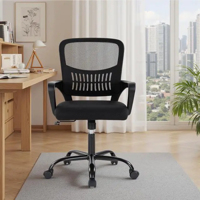 Alt view image 6 of 6 - Home Office Computer Chair - Ergonomic Mid Back Desk with Lumbar Support and Rocking Mode, Height Adjustable with Fixed Armrest, for Conference Meeting Room, 360° Swivel, Adults, Black