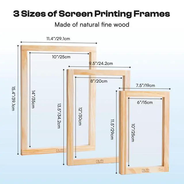 Alt view image 2 of 7 - 57 Pieces All-in-One Screen Printing Kit with 3 Sizes Wood Screen Printing Frames, 15 A4 Size Inkjet Transparency Films, 6 Colors Screen Printing Ink, Photo Emulsion, Squeegee and Scoop Coater
