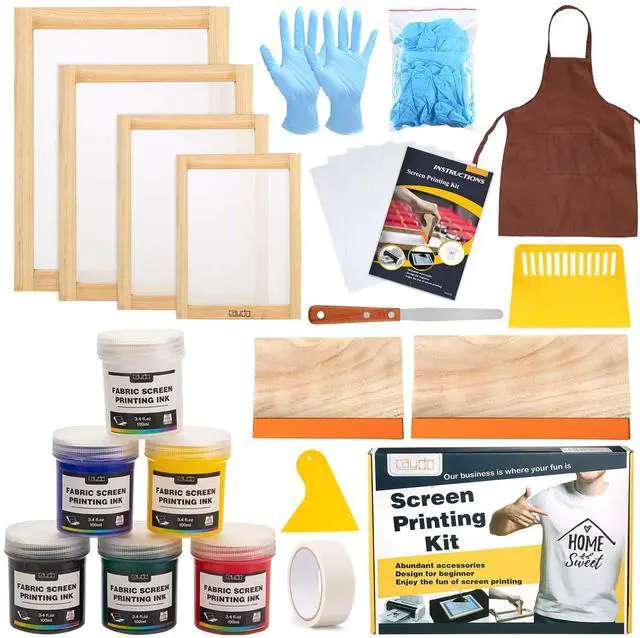 Main image of 38 Pieces Screen Printing Kit Include Fabric Screen Printing Ink, 4 Size Screen Printing Frame, Screen Printing Squeegees, Inkjet Transparency Film, Ink Knife, and Mask Tape