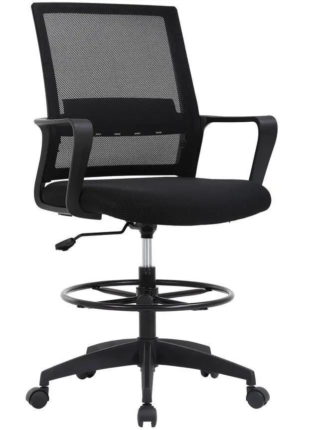 Main image of Drafting Chair Tall Office Chair Adjustable Swivel Rolling Mesh Height with Lumbar Support Arms Footrest Mid Back for Adults Standing Desk Drafting Stool(Black)