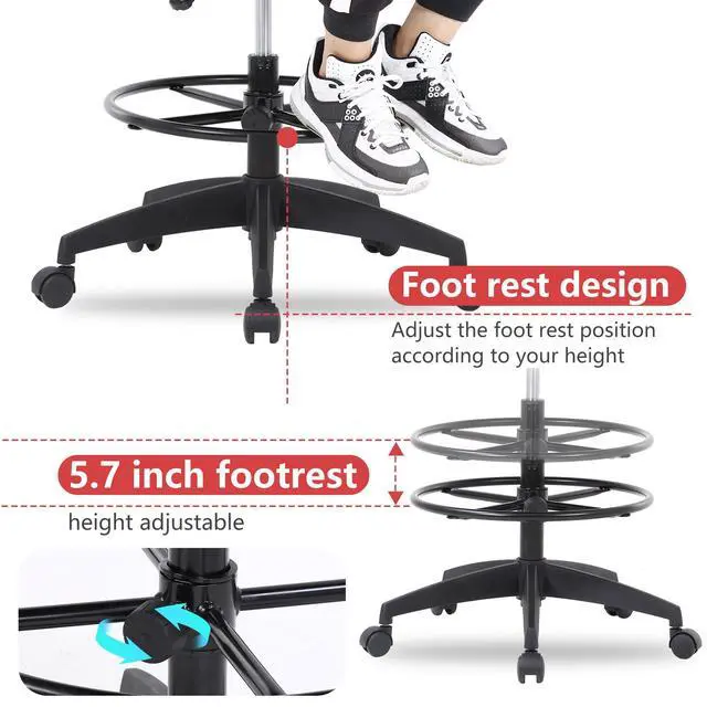 Alt view image 4 of 7 - Drafting Chair Tall Office Chair Adjustable Swivel Rolling Mesh Height with Lumbar Support Arms Footrest Mid Back for Adults Standing Desk Drafting Stool(Black)