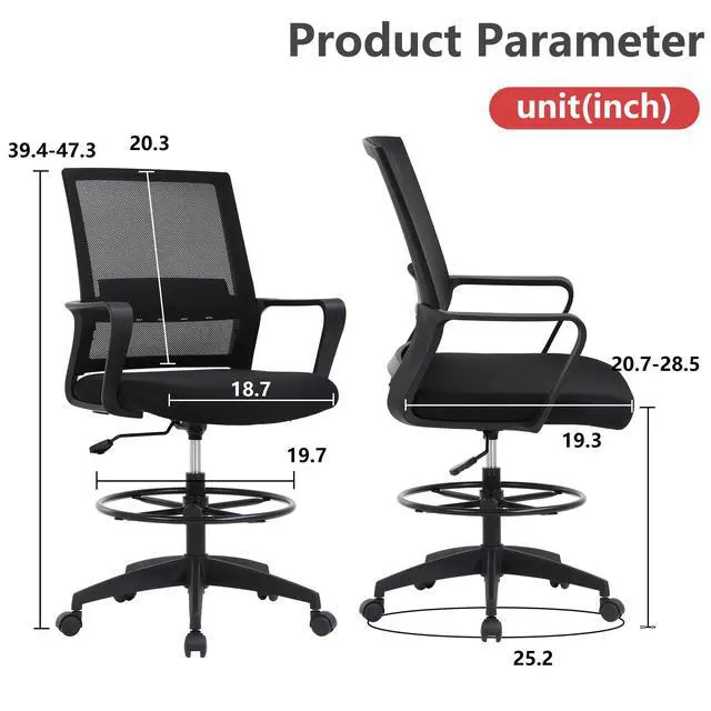 Alt view image 7 of 7 - Drafting Chair Tall Office Chair Adjustable Swivel Rolling Mesh Height with Lumbar Support Arms Footrest Mid Back for Adults Standing Desk Drafting Stool(Black)