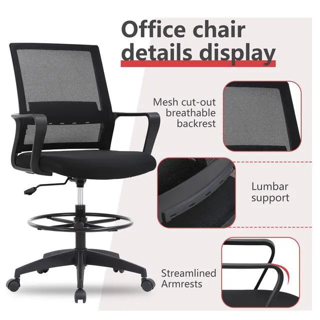 Alt view image 5 of 7 - Drafting Chair Tall Office Chair Adjustable Swivel Rolling Mesh Height with Lumbar Support Arms Footrest Mid Back for Adults Standing Desk Drafting Stool(Black)