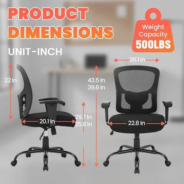 Alt view image 2 of 7 - Big and Tall Office Chair 500lbs Desk Chair Mesh Computer Chair with Lumbar Support Wide Seat High Back